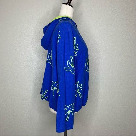 Erin London Linen Blend Vintage Blue Palm Trees Zip Up Hoodie Jacket - Picture 6 of 13